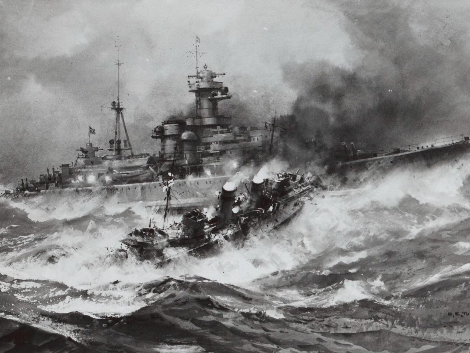 Uma pintura dramática em preto e branco mostrando o HMS Glowworm (destroyer menor à direita, em chamas) se aproximando do Admiral Hipper (cruzador pesado maior à esquerda) em mares tempestuosos. A obra captura perfeitamente a intensidade do combate desigual. Uma pintura dramática em preto e branco mostrando o HMS Glowworm (destroyer menor à direita, em chamas) se aproximando do Admiral Hipper (cruzador pesado maior à esquerda) em mares tempestuosos. A obra captura perfeitamente a intensidade do combate desigual.
