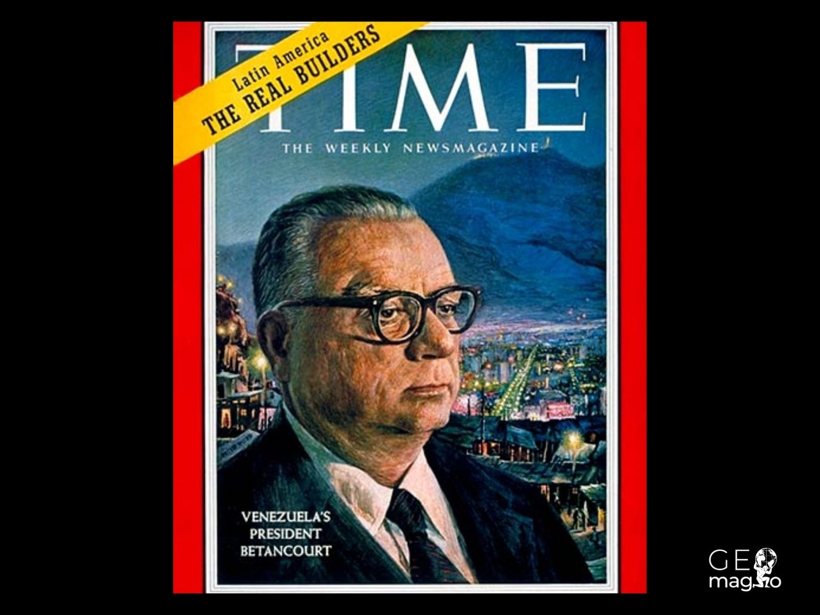 Capa da revista TIME de 8 de fevereiro de 1960, destacando Rómulo Betancourt como "Venezuela's Democratic Betancourt". A publicação internacional reconhecia Betancourt como um líder democrático crucial na América Latina durante a Guerra Fria, posicionando a Venezuela como alternativa democrática ao modelo revolucionário cubano. A revista destacava seus esforços para modernizar o país através de reformas sociais e econômicas, enquanto resistia às pressões tanto de grupos militares conservadores quanto de movimentos revolucionários de esquerda que buscavam derrubar seu governo. Fonte: TIME Magazine.