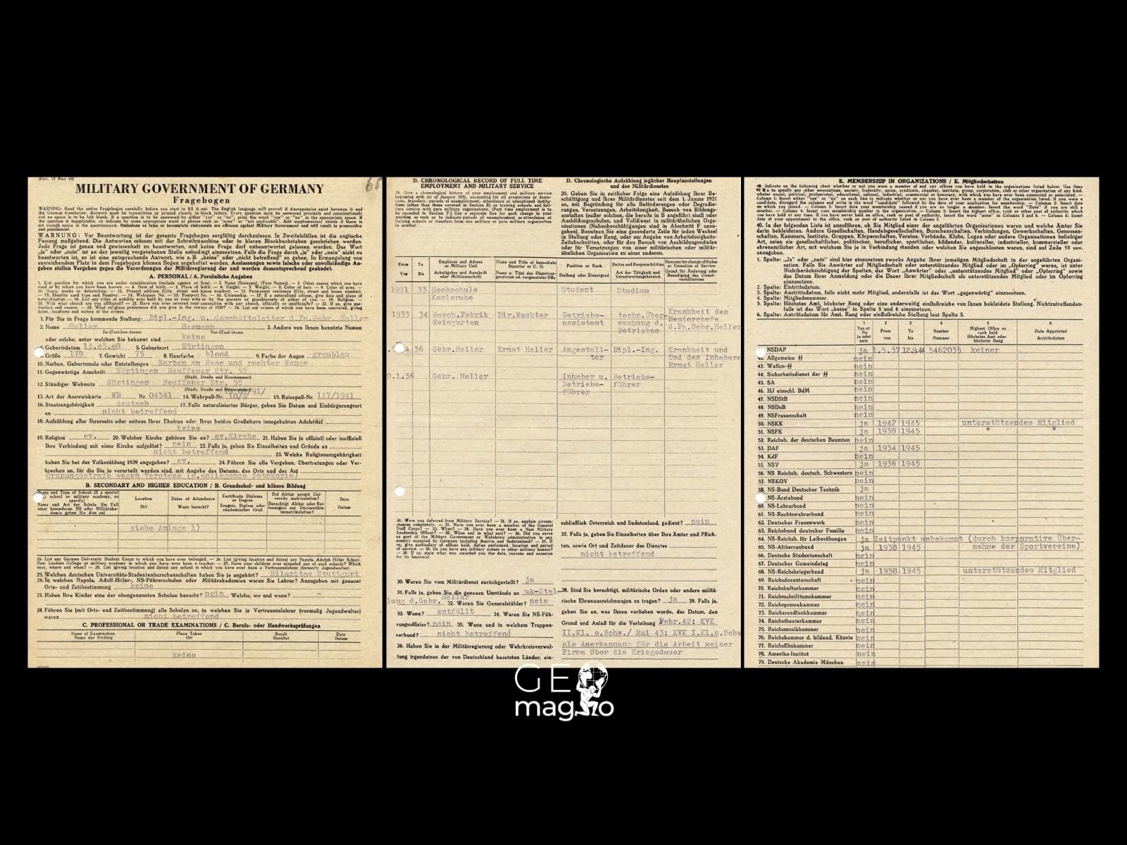 Páginas do "Fragebogen", um questionário de 131 perguntas usado pelos Aliados para determinar o nível de envolvimento de cada indivíduo com o regime nazista.