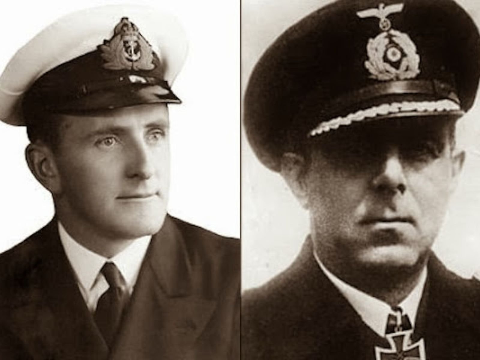 À esquerda, Gerard Roope, tenente-comandante do HMS Glowworm, e à direita, Hellmuth Heye, capitão do Admiral Hipper.