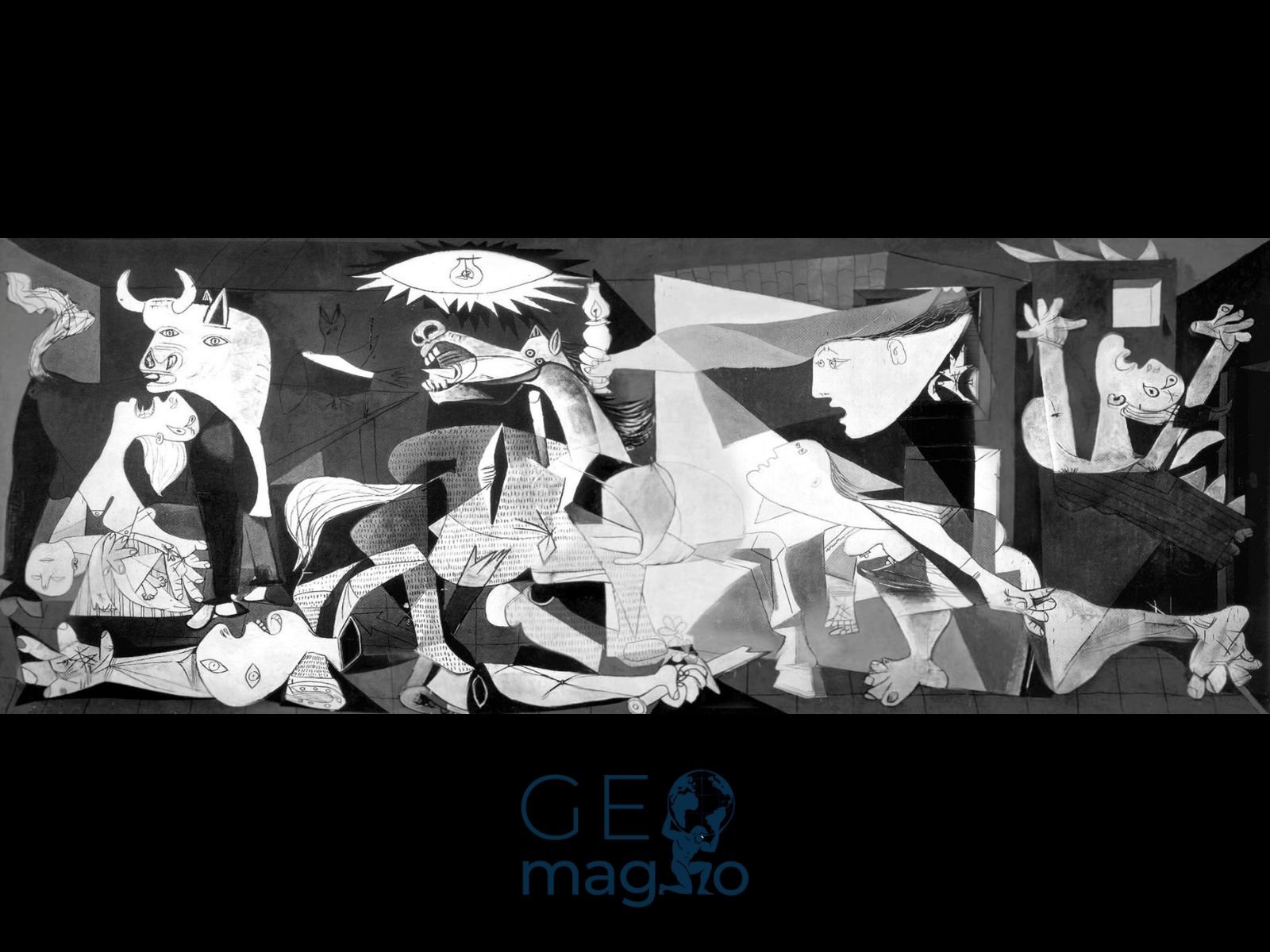 A obra-prima "Guernica" de Pablo Picasso (1937), óleo sobre tela, 3,49m × 7,76m, atualmente no Museu Reina Sofía em Madrid. A obra monumental em preto, branco e cinza retrata o bombardeio da cidade basca de Guernica em 26 de abril de 1937.